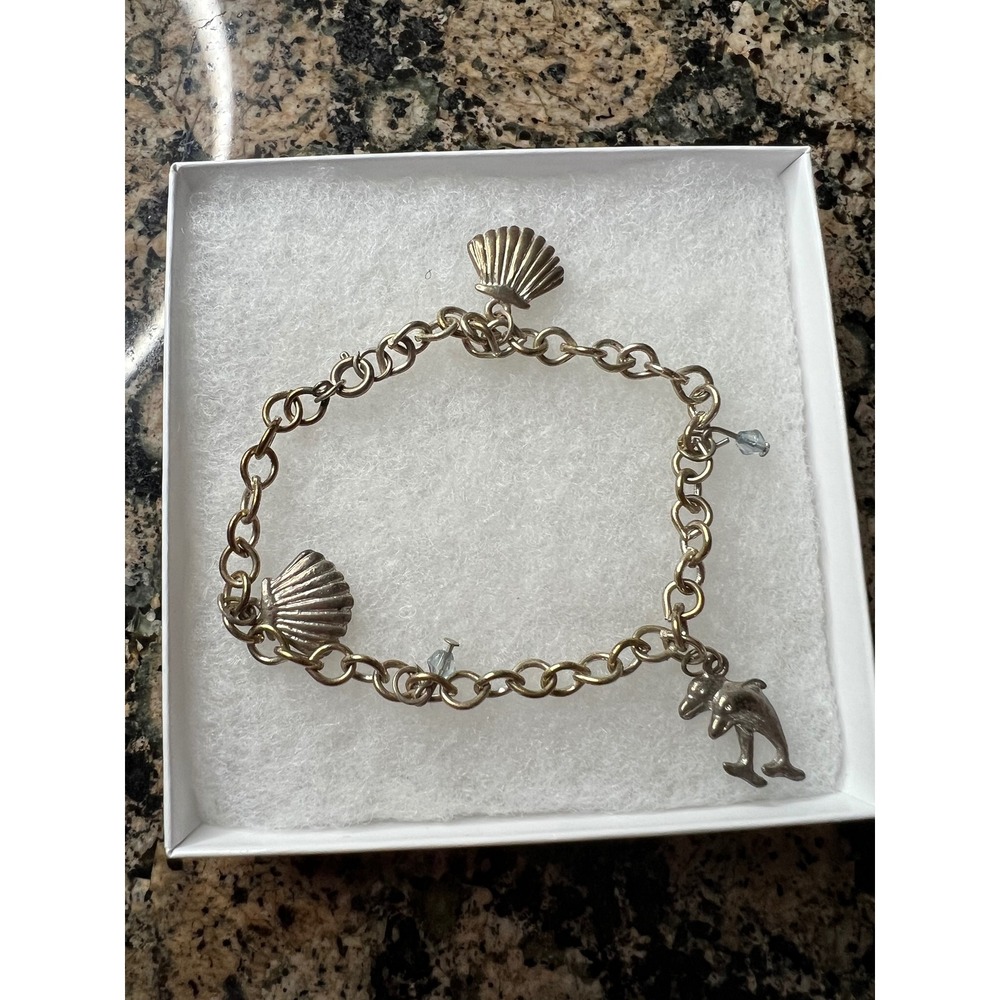 Silver Tone Ocean Charm Bracelet Scallop Shell Dolphin Coastal Beach Jewelry